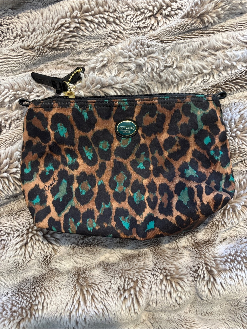 Coach Leopard Print Pouch with Teal Accents